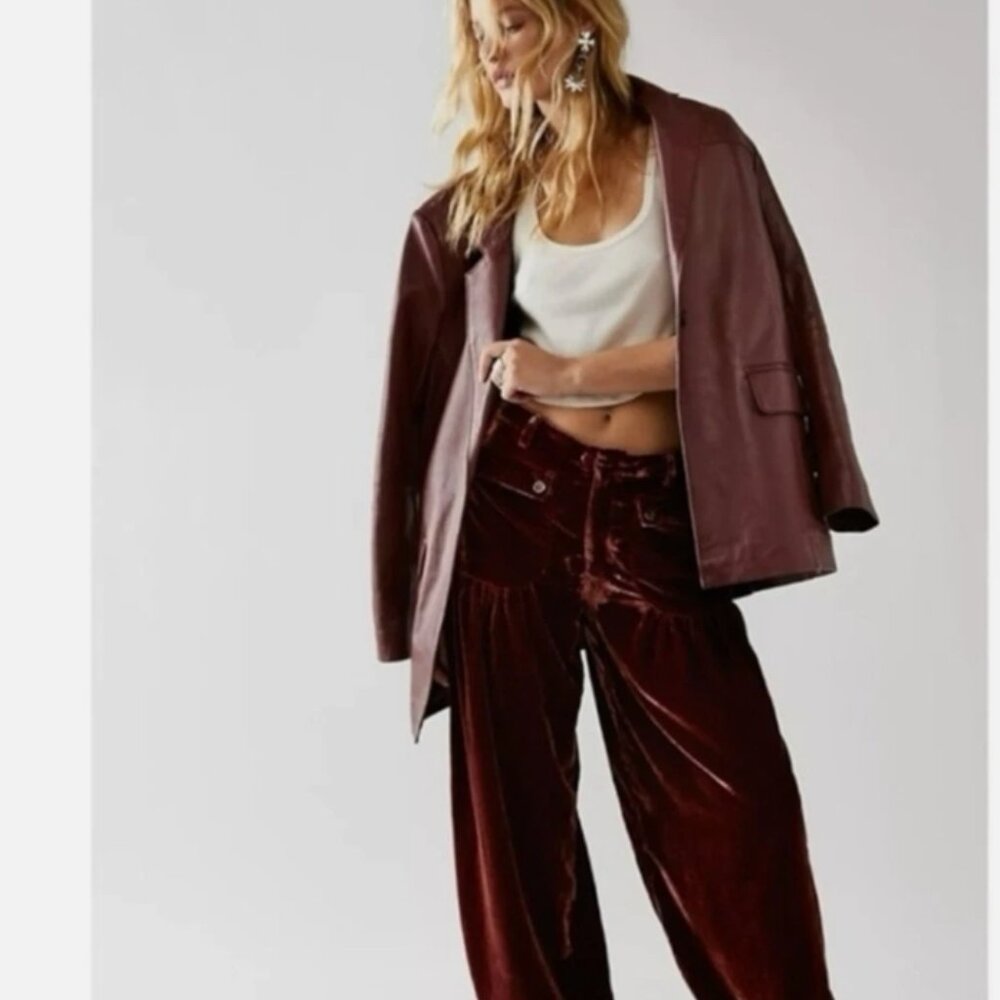 Free People 70s Lotus Crushed Velvet Pants Garnet 29 Bohemian Barrel Wide Leg